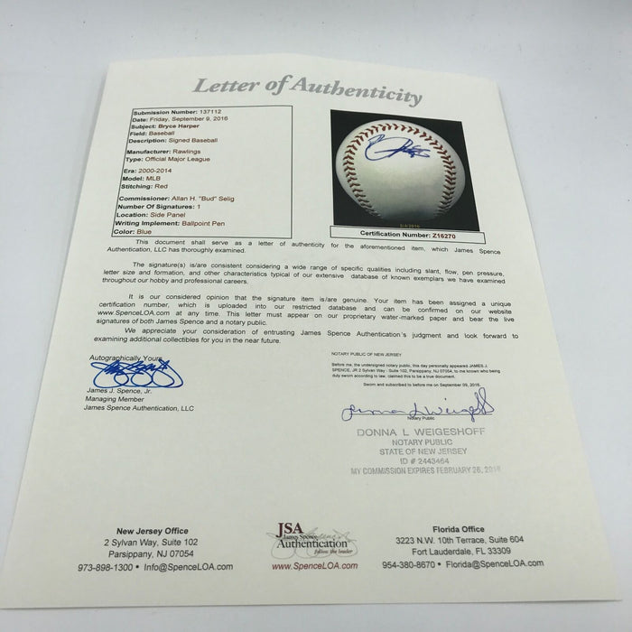 Bryce Harper Signed Autographed Official Major League Baseball JSA COA