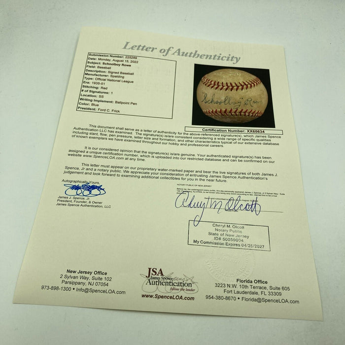 Schoolboy Rowe Single Signed 1940's National League Frick Baseball JSA COA