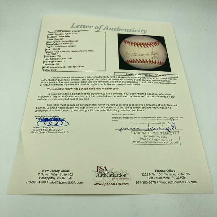 Derek Jeter Rookie Of The Year 1996 Signed Inscribed Baseball JSA COA
