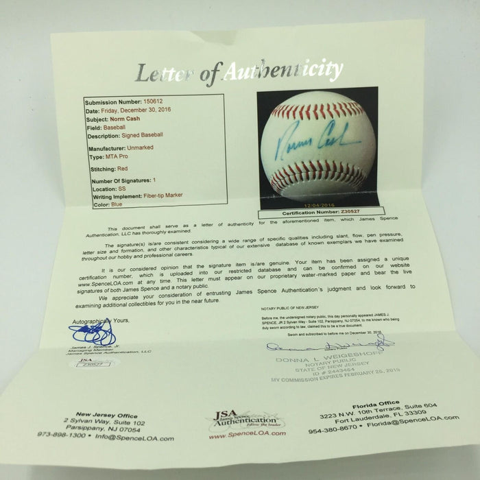 Beautiful Norm Cash Single Signed Autographed Baseball JSA COA