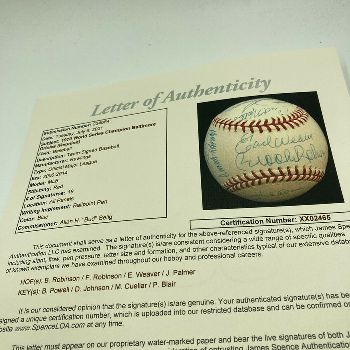 1970 Baltimore Orioles World Series Champs Team Signed Baseball With JSA COA