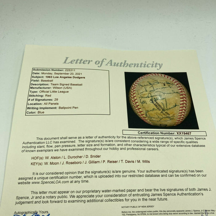 1963 Los Angeles Dodgers World Series Champs Team Signed Baseball JSA COA