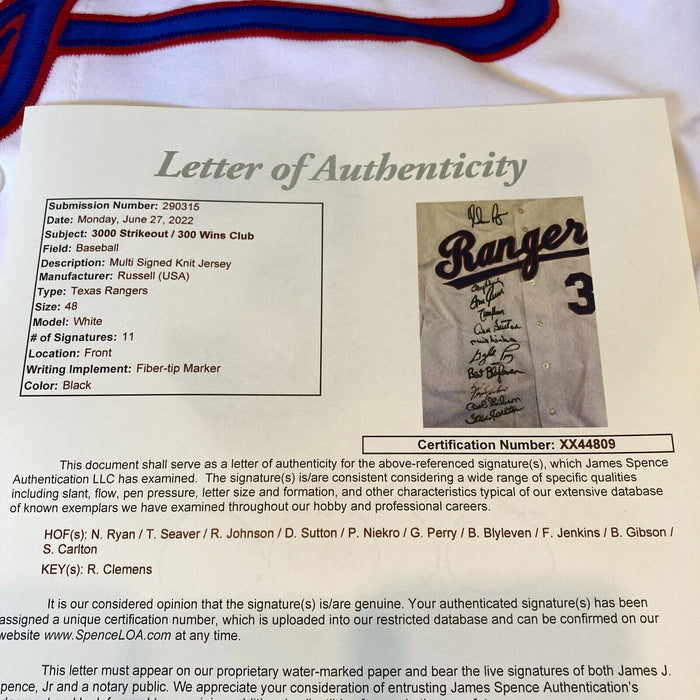 300 Win 3000 Strikeout Signed Jersey Nolan Ryan Tom Seaver Randy Johnson JSA COA