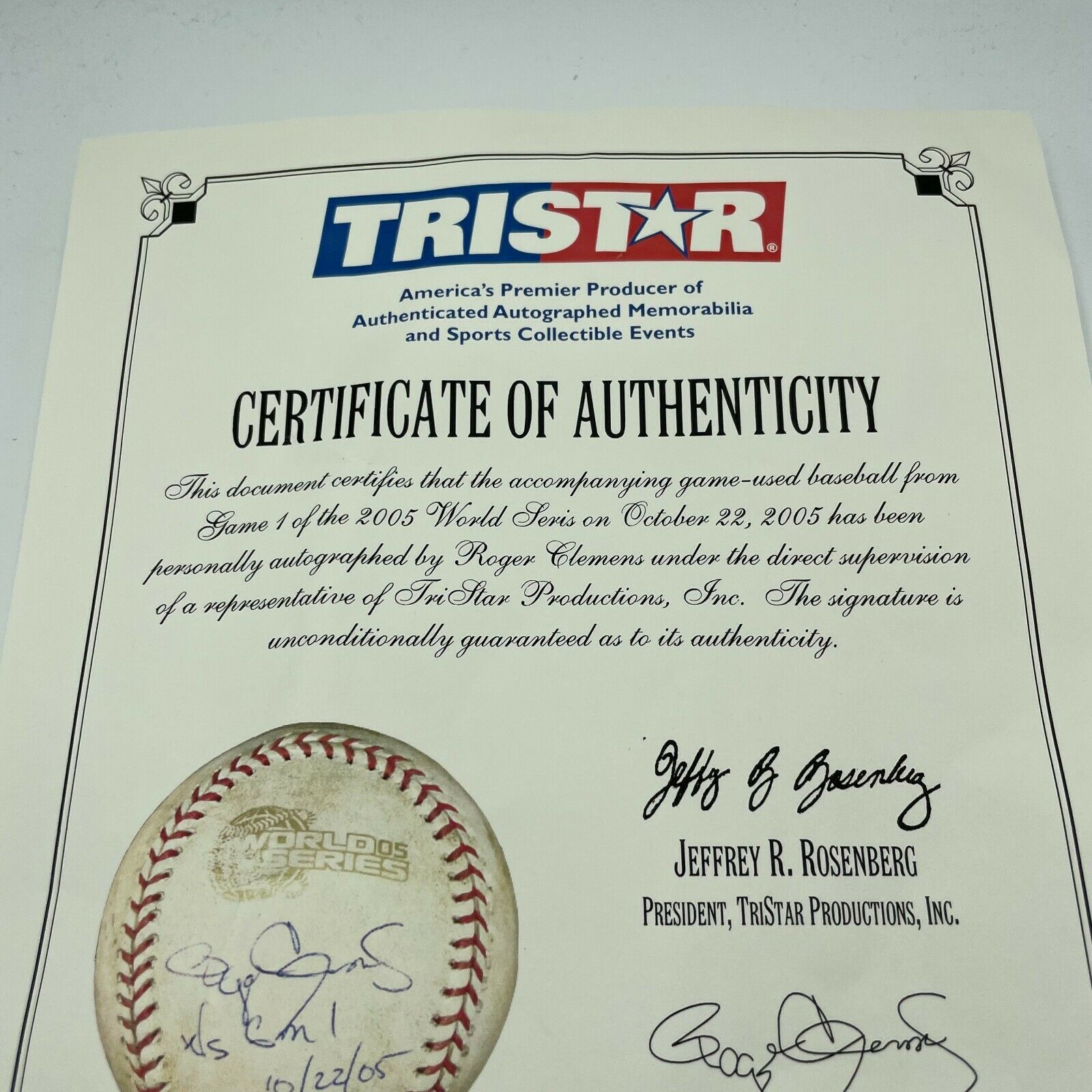 Roger Clemens Signed 2005 World Series Game 1 Game Used Baseball Tristar COA