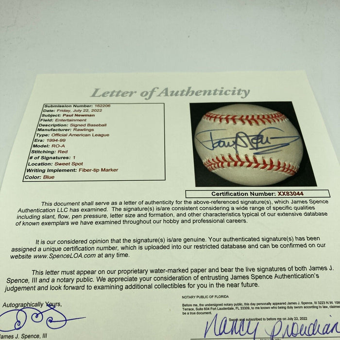 Paul Newman Single Signed Official American League Baseball JSA COA RARE