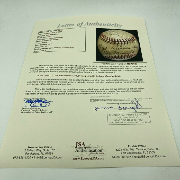 Joe Medwick Single Signed Autographed Baseball Hall Of Fame 1968 JSA COA