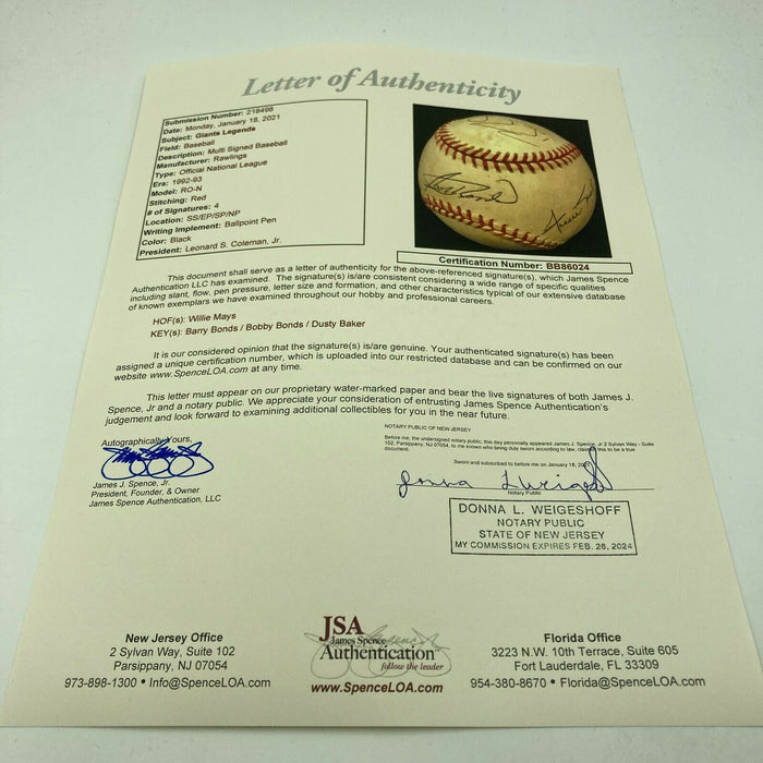 SF Giants Legends Willie Mays Barry Bonds Bobby Bonds Signed Baseball JSA LOA