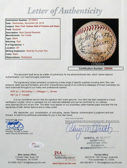 1936 Joe Dimaggio Rookie Signed Game Used Baseball With Joe Mccarthy JSA COA