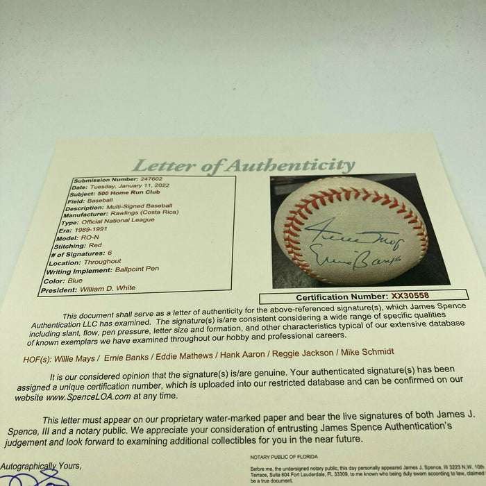 Willie Mays Hank Aaron Ernie Banks 500 Home Run Club Signed Baseball JSA COA