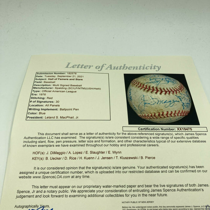 Joe Dimaggio Baseball Legends Signed 1976 Game Used American League Baseball JSA