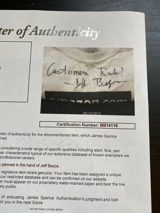 Jeff Bezos "Customers Rule!" Signed Original Employee 1995 Amazon T-Shirt JSA