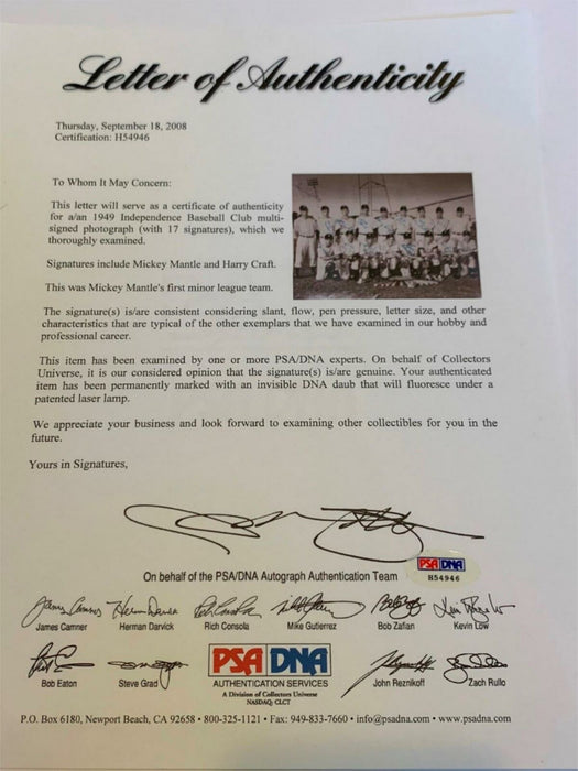 Incredible Mickey Mantle 1949 Independence Yankees Team Signed Photo PSA DNA