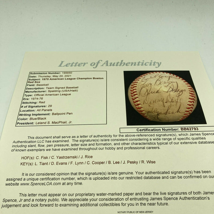Beautiful Vintage 1975 Boston Red Sox Champs Team Signed Baseball JSA COA