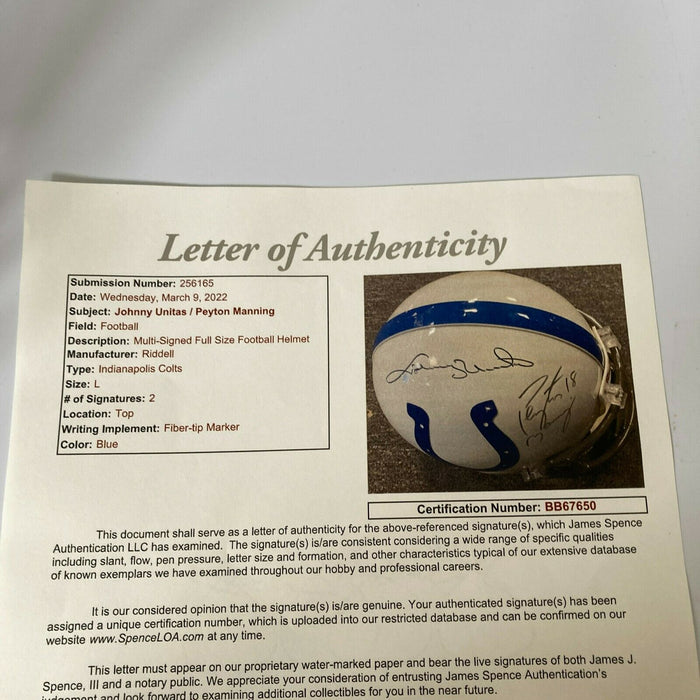 Johnny Unitas & Peyton Manning Signed Indianapolis Authentic Full Helmet JSA