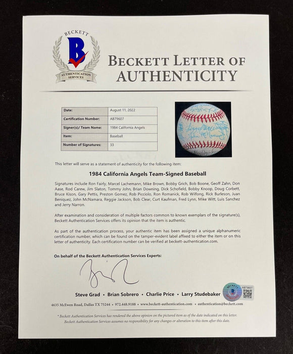 1984 California Angels Team Signed American League Baseball Beckett COA