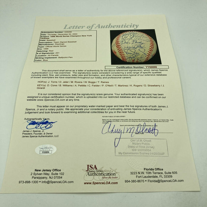 Stunning 1996 New York Yankees World Series Champs Team Signed Baseball JSA COA