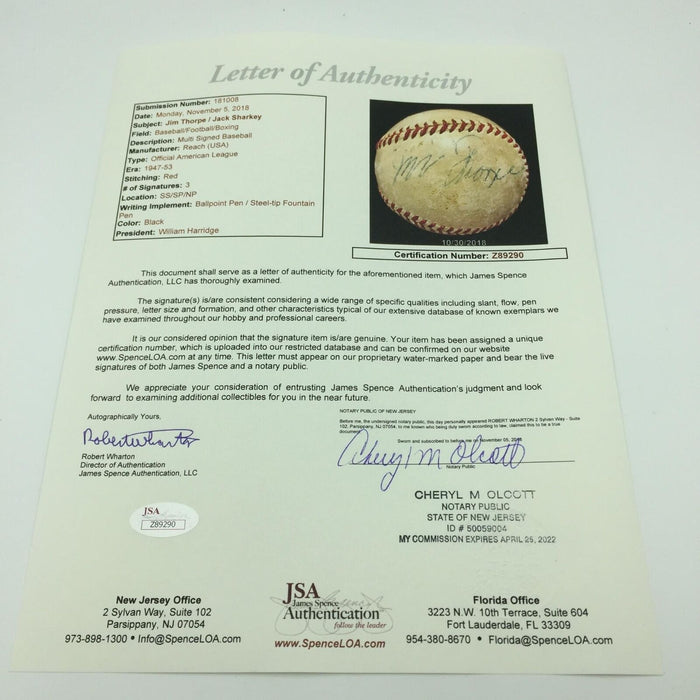 Rare Jim Thorpe Signed Autographed Baseball With JSA COA
