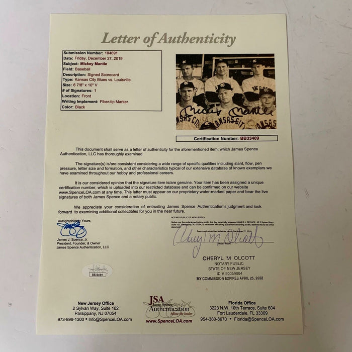 Mickey Mantle Signed 1951 Kansas City Blues Minor League Program With JSA COA