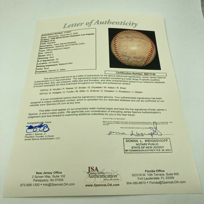 1959 Los Angeles Dodgers World Series Champs Team Signed Baseball 25 Sig JSA COA