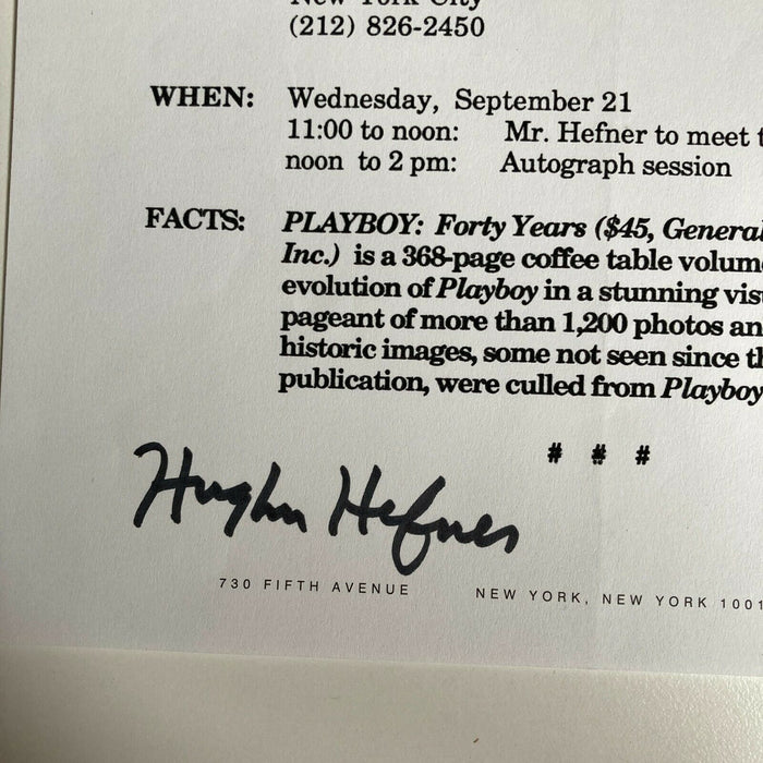 Hugh Hefner Signed Playboy News Media Alert New York City With JSA COA