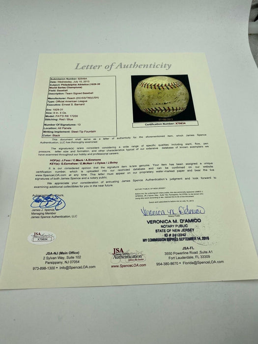 1929 Philadelphia Athletics A's World Series Champs Team Signed Baseball JSA COA