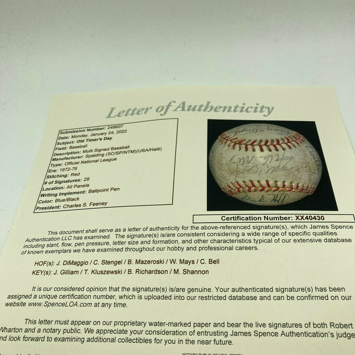 Joe Dimaggio Casey Stengel Willie Mays 1972 Old Timers Day Signed Baseball JSA