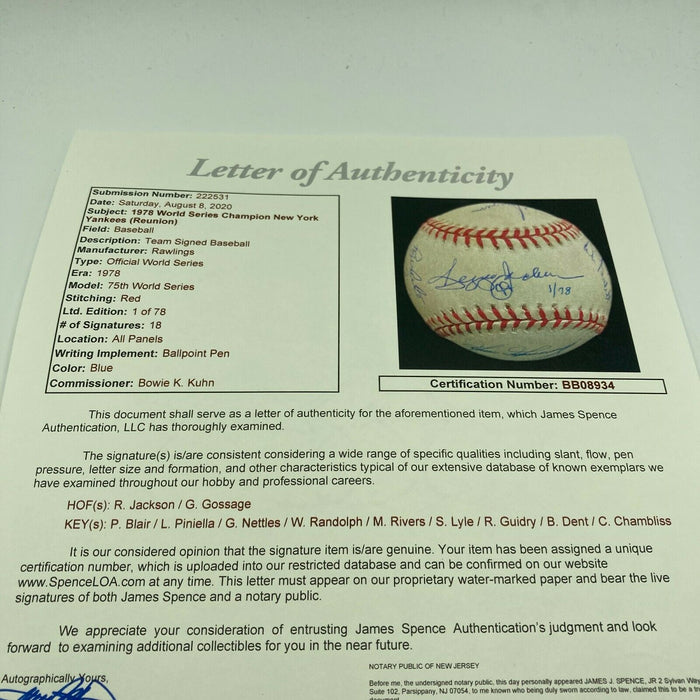 1978 New York Yankees World Series Champs Team Signed WS Baseball With JSA COA