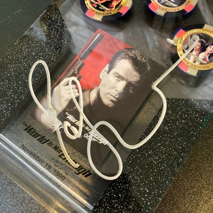 James Bond Pierce Brosnan Signed 007 Le Casino L'Or Noir Chips Display JSA COA
