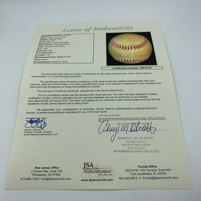 Bowie Kuhn Signed 1978 World Series Game Used Baseball Yankees Dodgers JSA COA