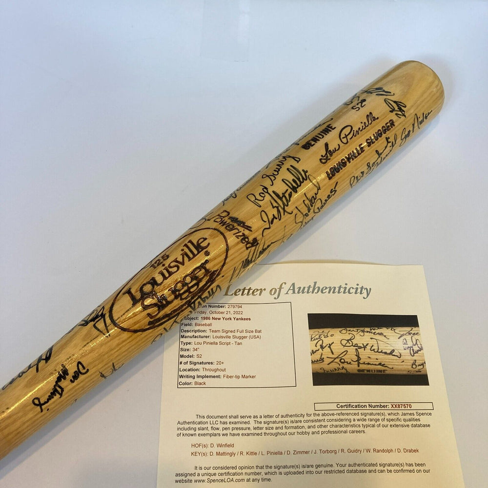 1986 New York Yankees Team Signed Baseball Bat Don Mattingly JSA COA