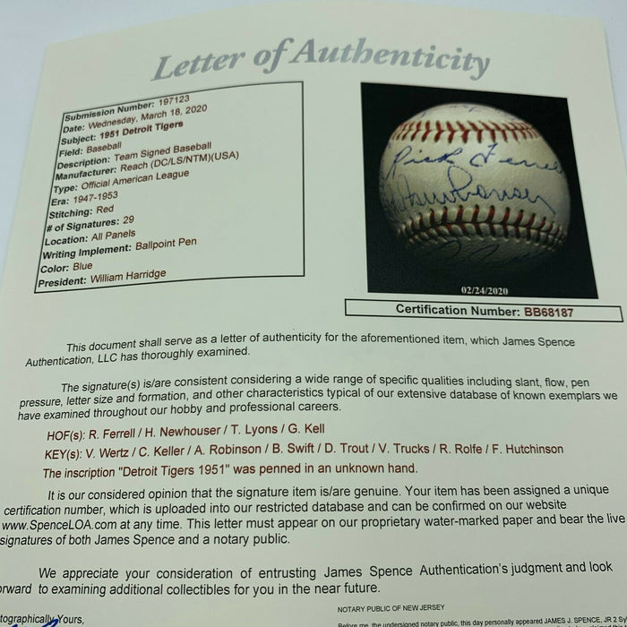 Beautiful 1951 Detroit Tigers Team Signed Baseball 29 Sigs With JSA COA