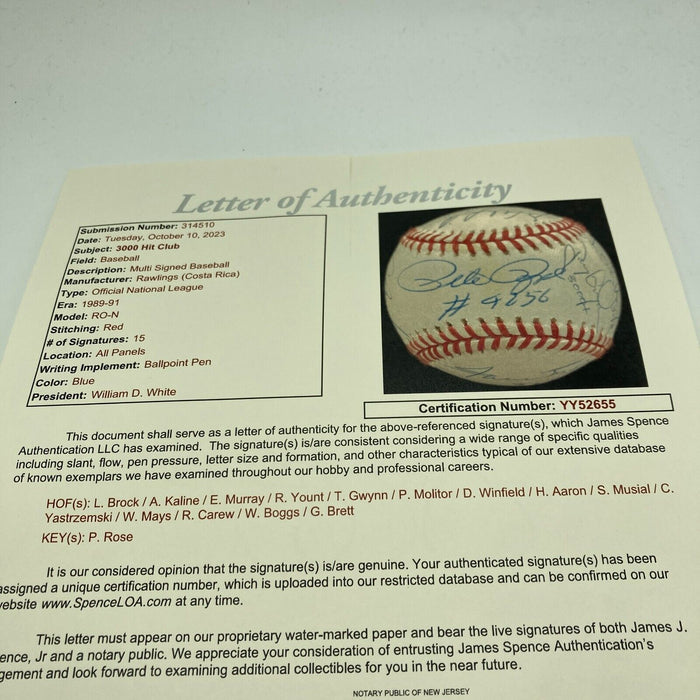 The Finest 3,000 Hit Club Signed Baseball With Inscriptions 15 Signatures JSA