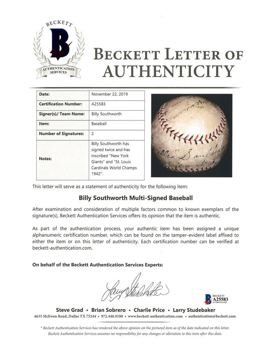 Billy Southworth Single Signed 1925 National League Baseball With Beckett COA