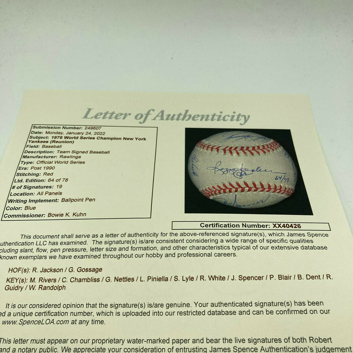 1978 New York Yankees World Series Champs Team Signed W.S. Baseball JSA COA