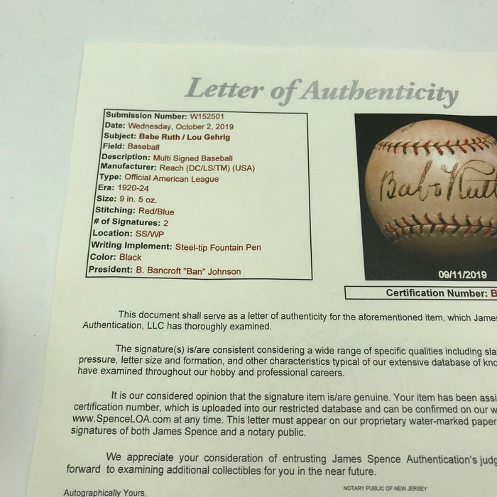 Babe Ruth & Lou Gehrig 1923 Rookie Signed American League Baseball With JSA COA
