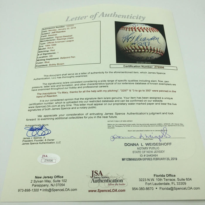 Jeff Reardon 297th Save Final Pitch Game Used Signed Inscribed Baseball JSA COA