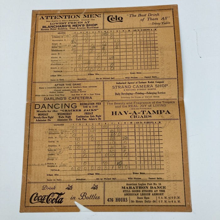 1932 New York Yankees VS. Chicago Cubs Spring Training Score Card Babe Ruth
