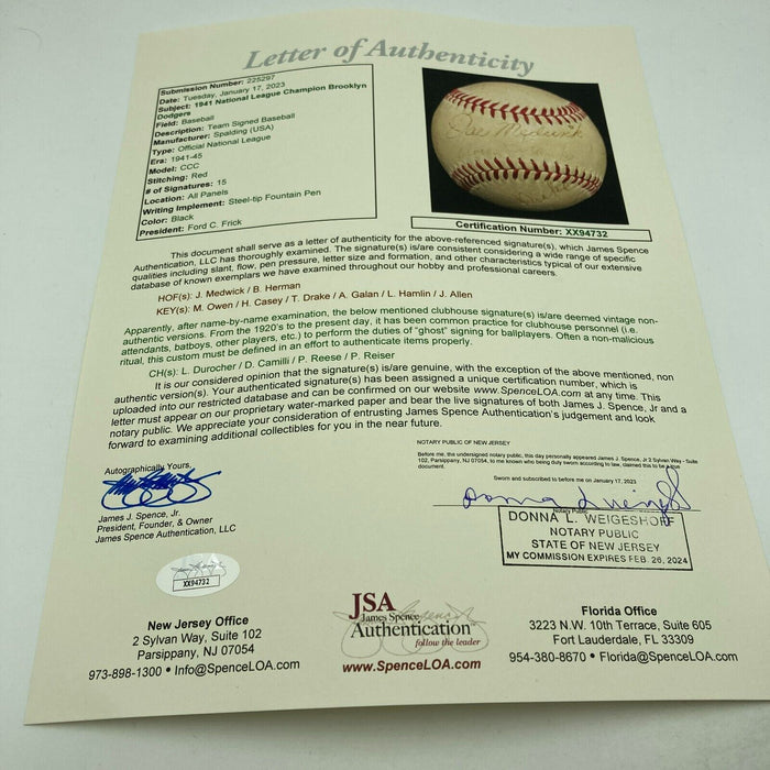 1941 Brooklyn Dodgers National League Champs Team Signed Baseball JSA COA
