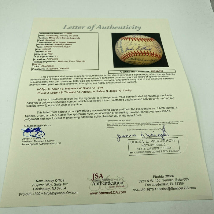 1957 Milwaukee Braves W.S. Champs & Legends Signed Baseball Hank Aaron JSA COA