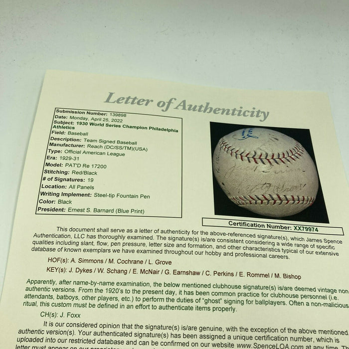 1930 Philadelphia Athletics A's World Series Champs Team Signed Baseball JSA COA