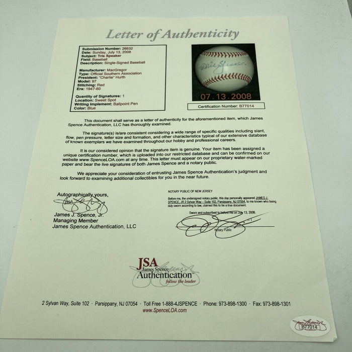 The Finest Tris Speaker Single Signed Autographed Baseball PSA DNA & JSA COA