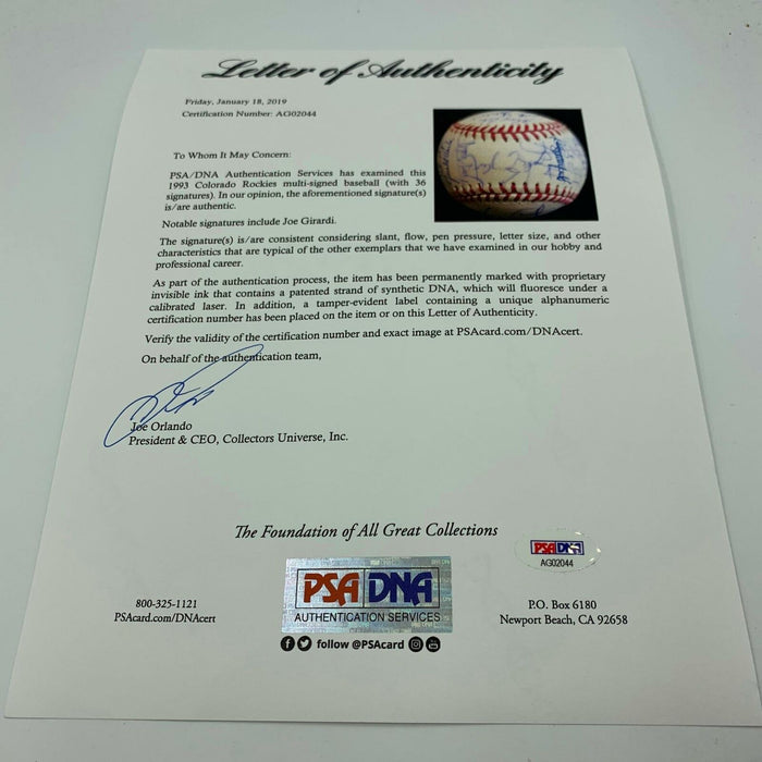 1993 Colorado Rockies Inaugural Season Team Signed Baseball With PSA DNA COA