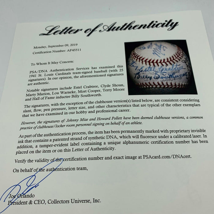 Beautiful 1941 St. Louis Cardinals Team Signed Baseball PSA DNA COA