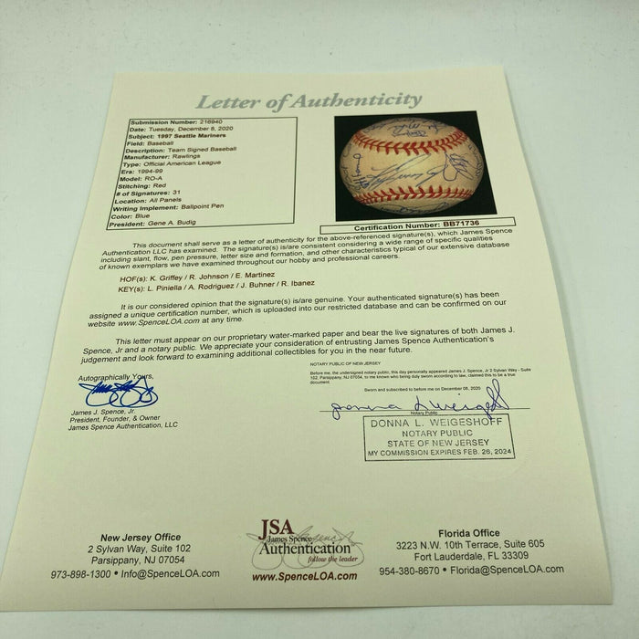 1997 Seattle Mariners Team Signed Baseball Ken Griffey Jr Alex Rodriguez JSA COA