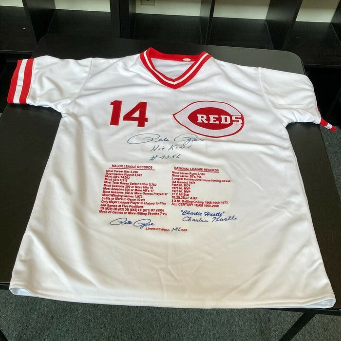 Pete Rose Hit King #4256 Signed Inscribed Cincinnati Reds STAT Jersey JSA COA