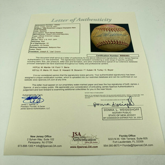 Ted Williams Signed Game Used 1959 American League Harridge Baseball JSA COA