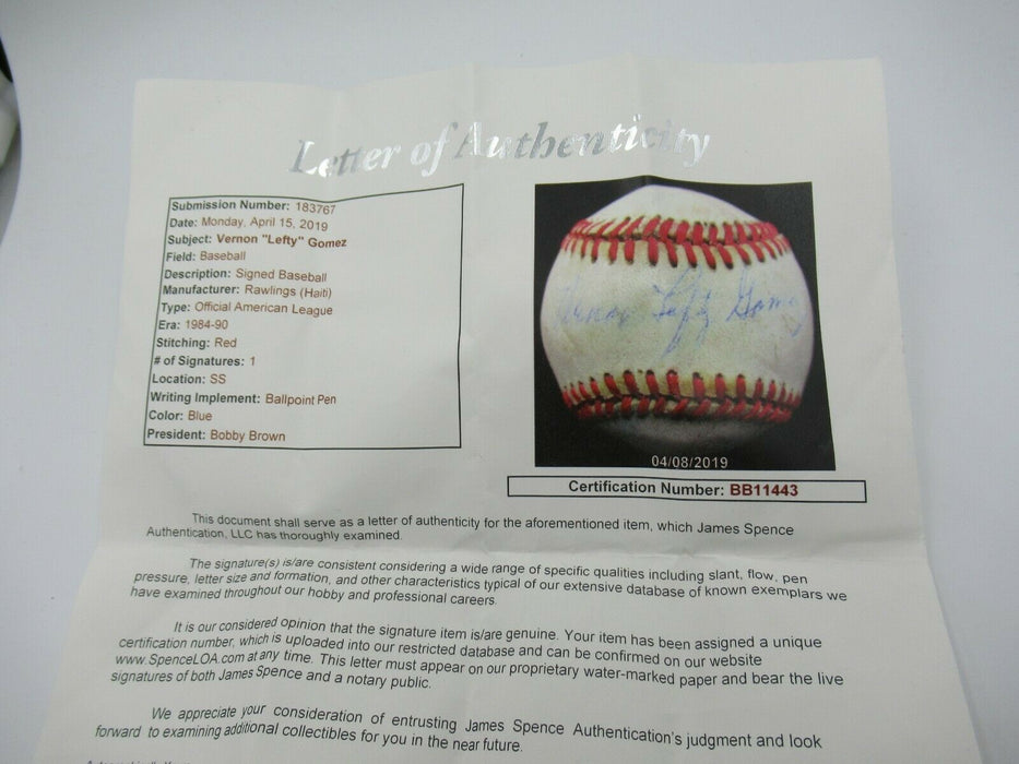 Vernon Lefty Gomez Full Name Signed Autographed Major League Baseball JSA COA
