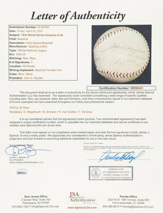 1932 World Series Game Used Signed Baseball Babe Ruth Called Shot JSA COA