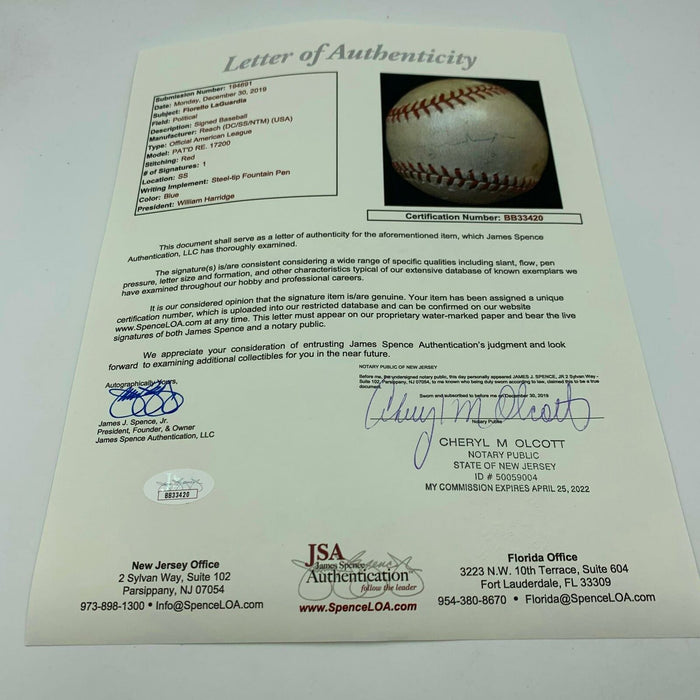 Mayor Fiorello Laguardia "1946" Single Signed Baseball New York City JSA COA