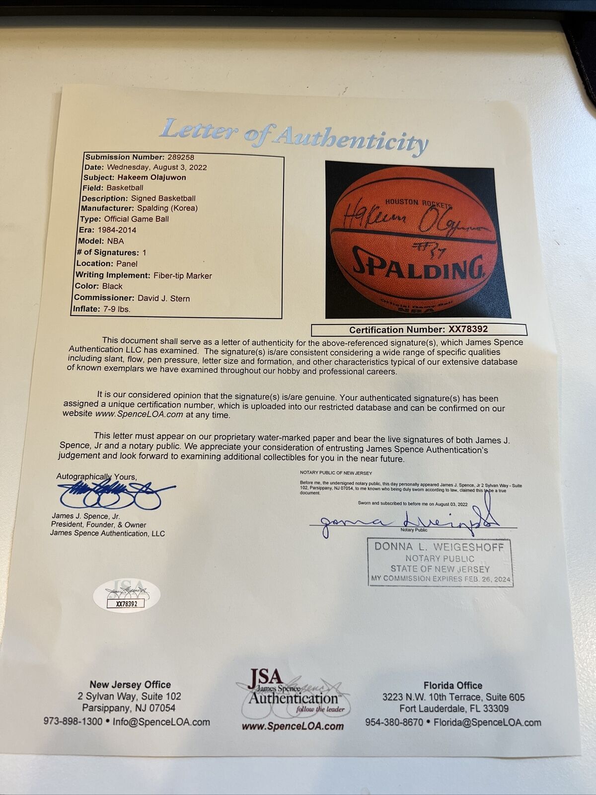 Hakeem Olajuwon Autographed Signed Spalding Basketball Houston Rockets